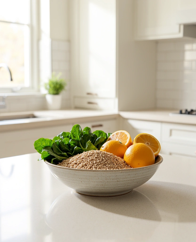Fresh nutritious ingredients on a bright counter